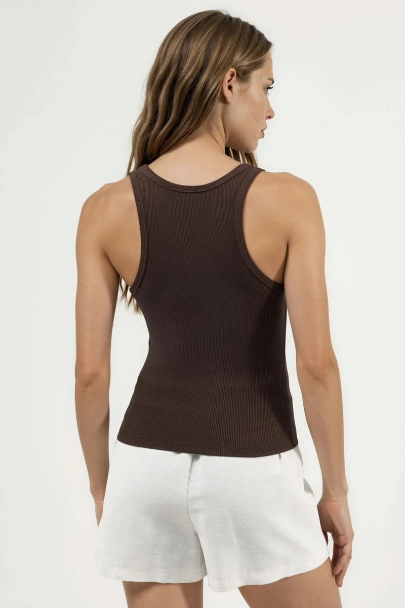 Busem Coffee Brown BUSEM Ribbed Printed Sleeveless U Collar Tank Top for Women | Best Price UAE