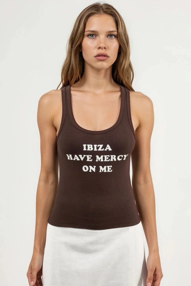Busem Coffee Brown BUSEM Ribbed Printed Sleeveless U Collar Tank Top for Women | Best Price UAE
