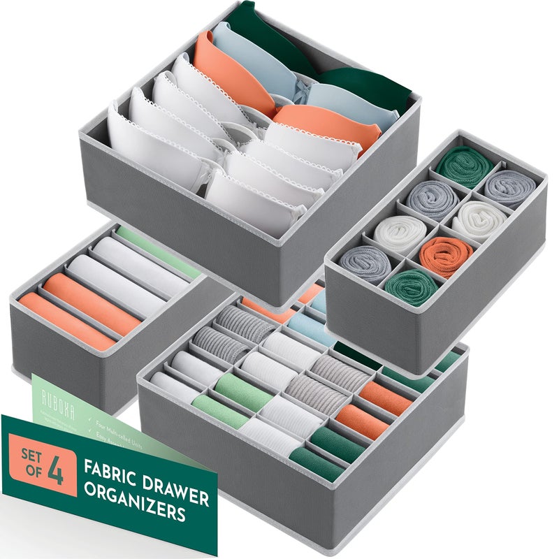 Dresser Organizer 4 Pk Grey Fabric Dresser Drawer Organizers 4 Sizes With 45 Slots Foldable Underwear Drawer Organizer Breathable Bins for Bra Lingerie Socks Scarves Belt Tie Baby Clothes