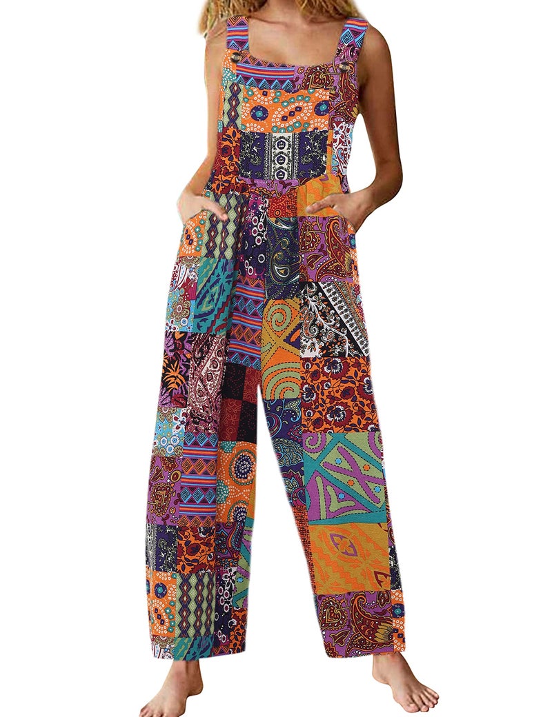 Himosyber Women's Patchwork Dual Pocket Jumpsuit Loose Floral Print Bohemian Wide Leg Bib Overall (Orange-M) - Image 1