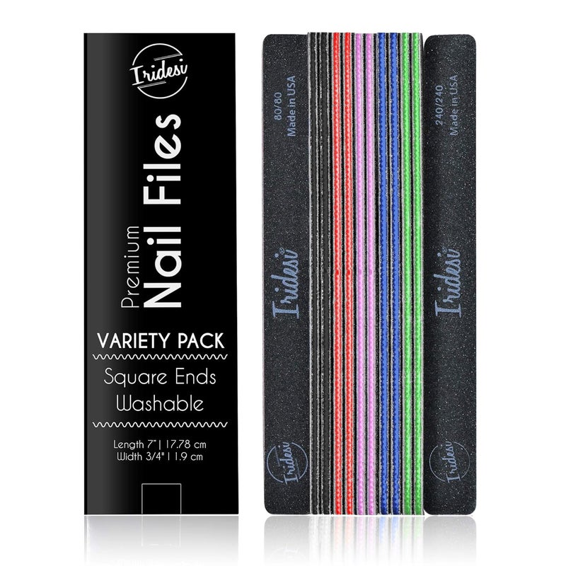 Professional Nail Files Black Color Coded Center Washable Emery Boards 7 Inches Long Square End Serrated Edge 12 Fingernail Files Per Pack (Assorted)