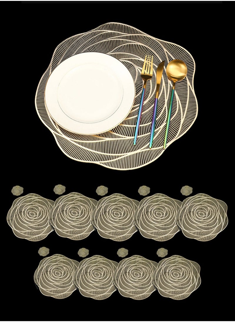 9Pcs Pressed PVC Cutout Flower Placemats Table Mats Coasters for Decorating Holiday Wedding Dinner Gold