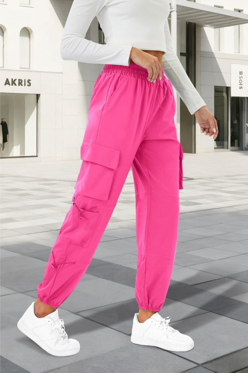 COPYLEAF Womens Parachute Cargo Pants with Pockets Quick Dry Hiking Pants Lightweight Water-Resistant Baggy Joggers(Hot Pink L) - Image 2
