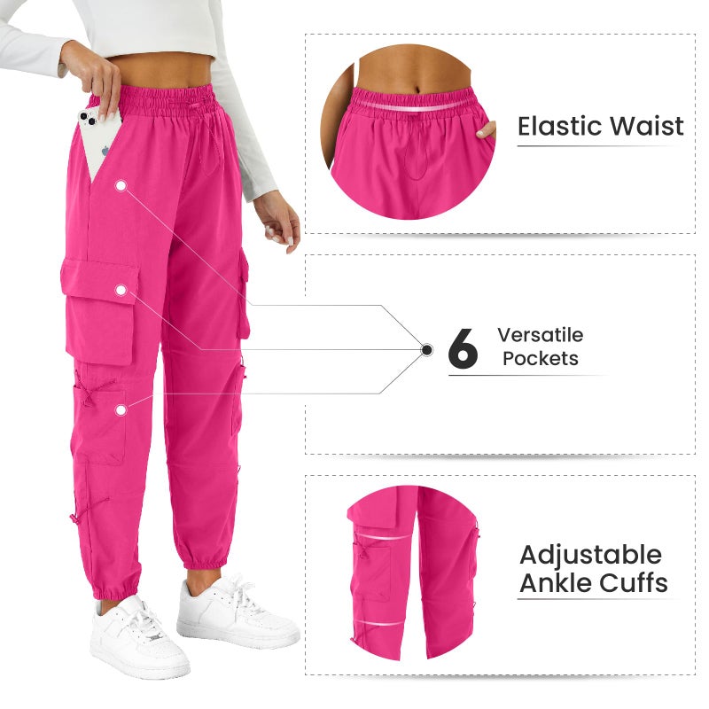 COPYLEAF Womens Parachute Cargo Pants with Pockets Quick Dry Hiking Pants Lightweight Water-Resistant Baggy Joggers(Hot Pink L) - Image 5