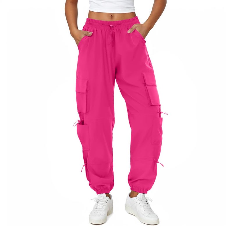 COPYLEAF Womens Parachute Cargo Pants with Pockets Quick Dry Hiking Pants Lightweight Water-Resistant Baggy Joggers(Hot Pink L) - Image 1