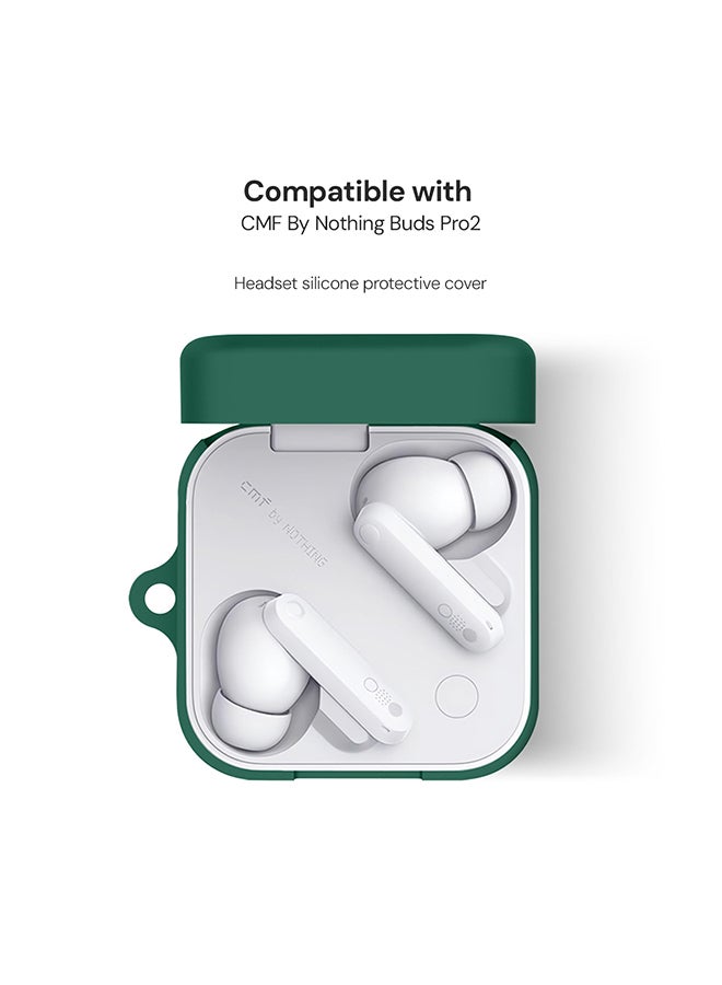 O Ozone Silicone Case For CMF By Nothing Buds Pro 2, Shockproof and Scratch-Resistant Full-Body Protection Cover with Anti-Lost Keychain- Dark green  - Image 2