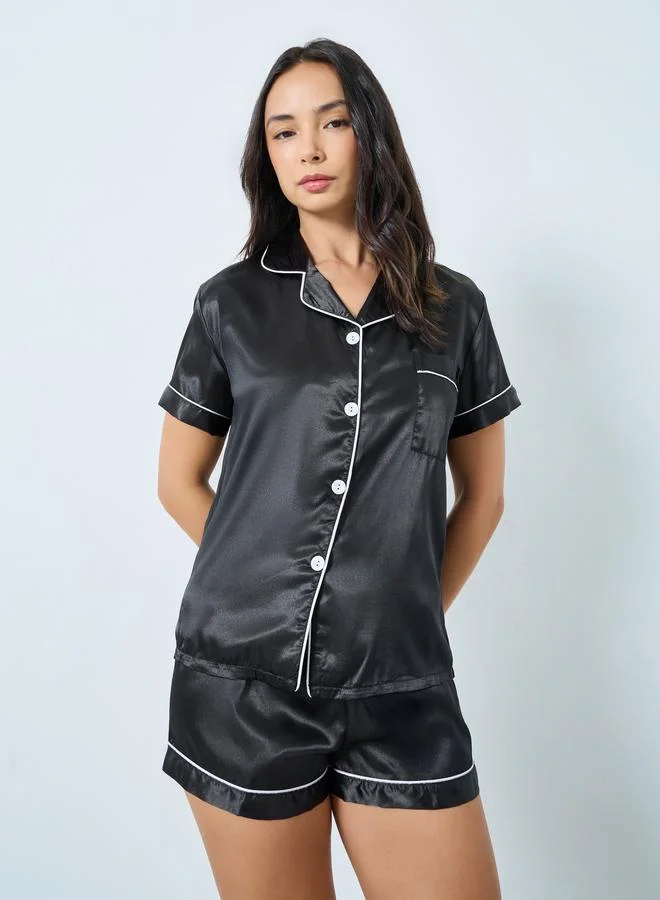 Take Two Black Black Solid Piping Detail Shirt and Shorts Set for Women | Best Price UAE