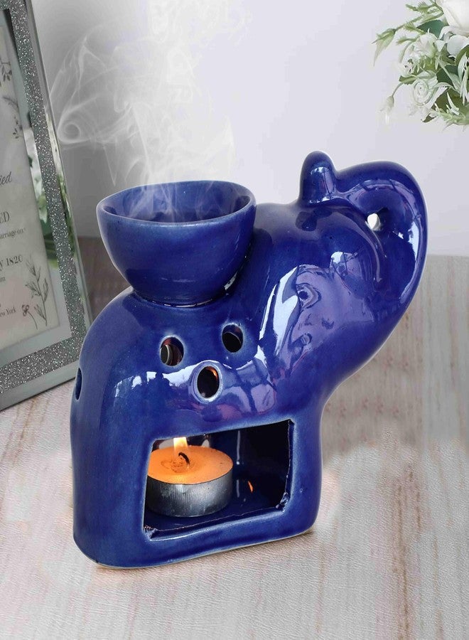 بيور سورس انديا موقد زيت سيراميكي على شكل فيل أزرق من بيور سورس إنديا مع شمعة صغيرة - موزع روائح مزخرف مصنوع يدويًا للاستخدام المنزلي والمنتجعات الصحية - Image 3