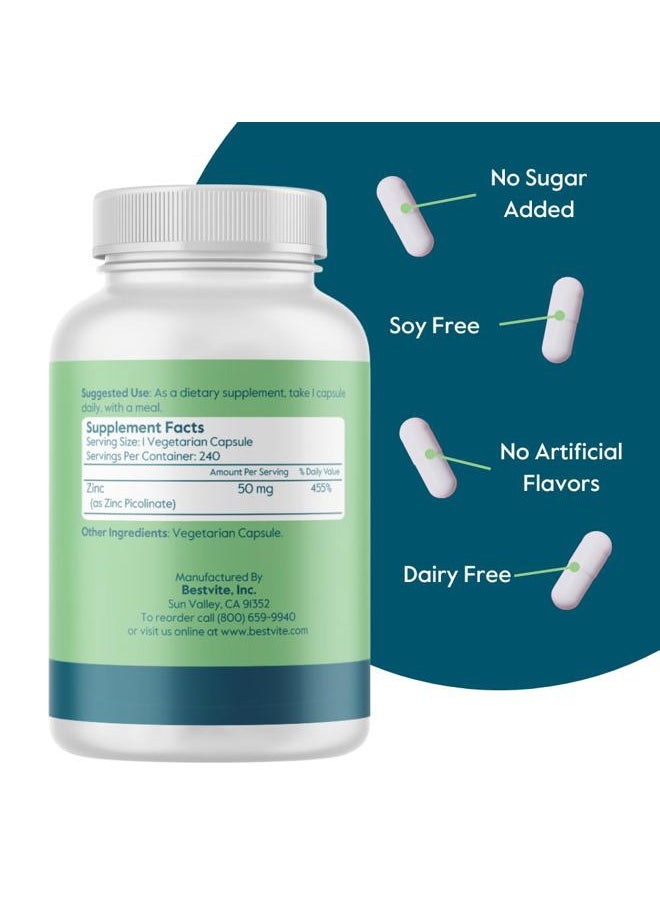 BESTVITE Zinc Picolinate 50mg (240 Vegetarian Capsules) - No Stearates - Vegan - Non GMO - Gluten Free  - Image 2