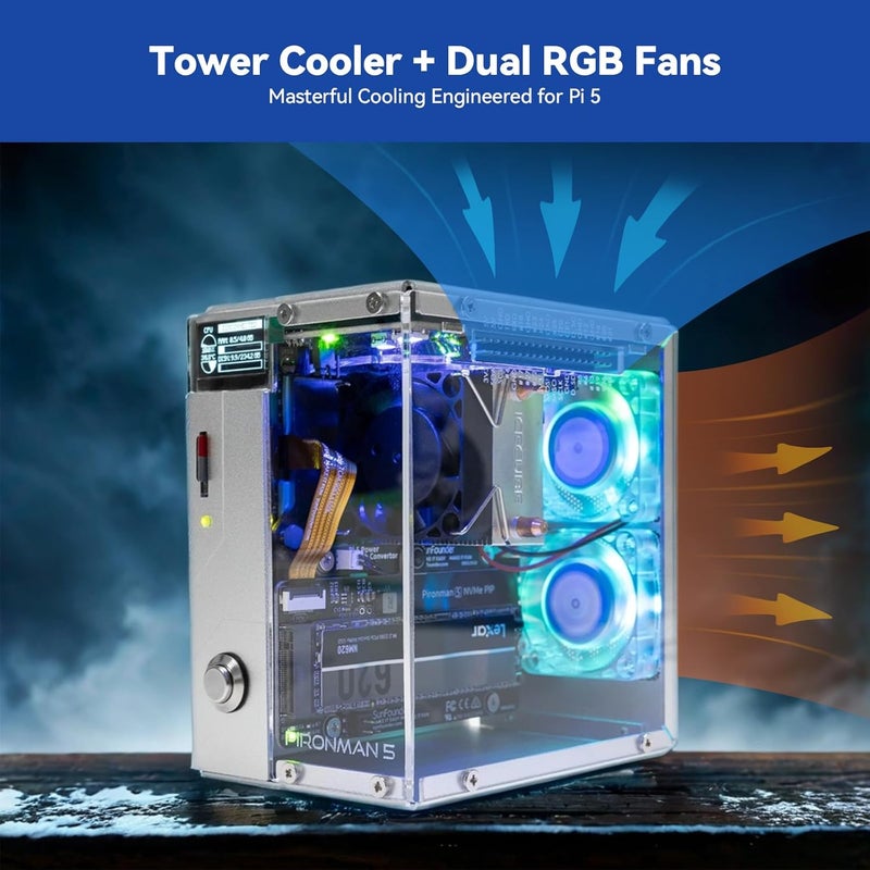 SunFounder Pironman 5 NVMe M.2 SSD PCIe Mini PC Case for Raspberry Pi 5 Hailo-8L AI Accelerator with Tower Cooler+Dual RGB Fans, 0.96'' OLED Module, Safe Shutdown, Standard HDMI, RGB Effect, Stylish Design - Image 4