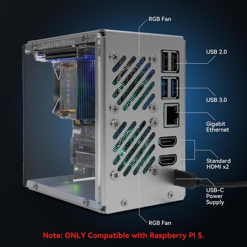 SunFounder Pironman 5 NVMe M.2 SSD PCIe Mini PC Case for Raspberry Pi 5 Hailo-8L AI Accelerator with Tower Cooler+Dual RGB Fans, 0.96'' OLED Module, Safe Shutdown, Standard HDMI, RGB Effect, Stylish Design - Image 3