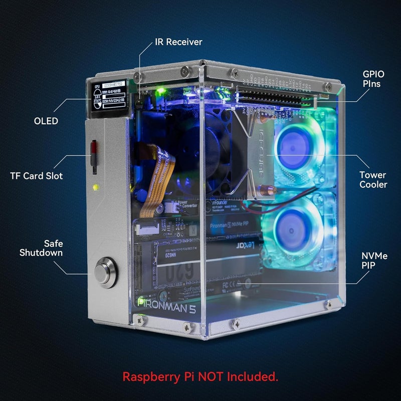 SunFounder Pironman 5 NVMe M.2 SSD PCIe Mini PC Case for Raspberry Pi 5 Hailo-8L AI Accelerator with Tower Cooler+Dual RGB Fans, 0.96'' OLED Module, Safe Shutdown, Standard HDMI, RGB Effect, Stylish Design - Image 2