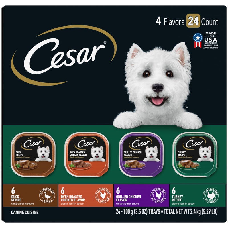 Cesar Wet Dog Food Classic Loaf in Sauce, Duck Recipe, Oven Roasted Chicken Flavor, Grilled Chicken Flavor, and Turkey Flavor, 3.5 oz. Easy Peel Trays, Variety Pack 24 Count (Pack of 1) - Image 1