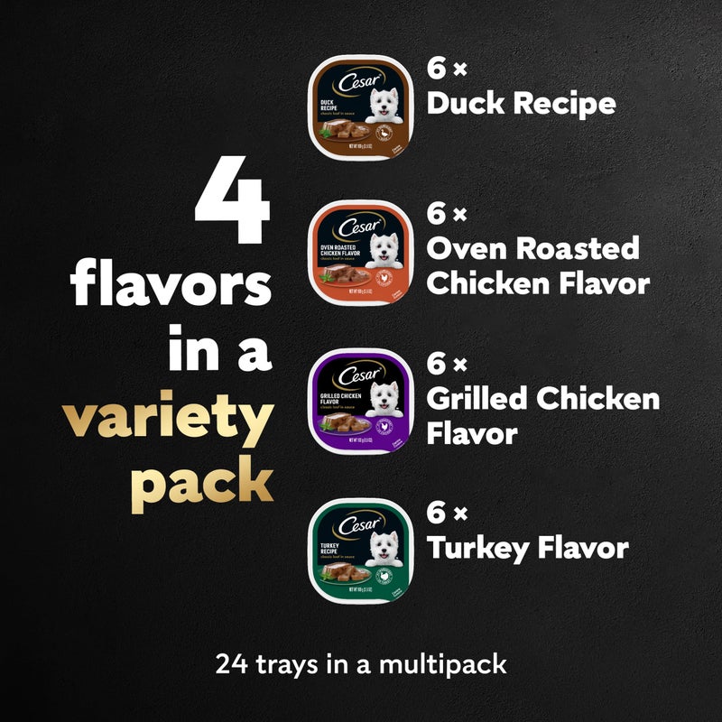 Cesar Wet Dog Food Classic Loaf in Sauce, Duck Recipe, Oven Roasted Chicken Flavor, Grilled Chicken Flavor, and Turkey Flavor, 3.5 oz. Easy Peel Trays, Variety Pack 24 Count (Pack of 1) - Image 3