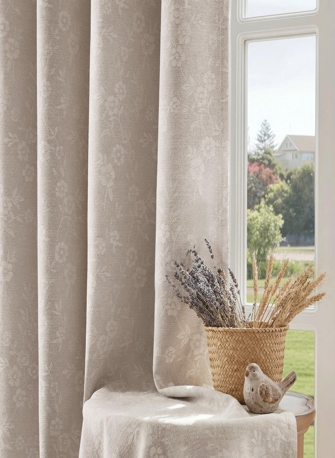 Beauoop Beige Floral Jacquard Blackout Curtains 96 Inches Long 2 Panels for Living Room Bedroom Chenille Flower Room Darkening Thermal Insulated Soundproof Grommet Window Drapes, 52x96 Set of 2 - Image 1