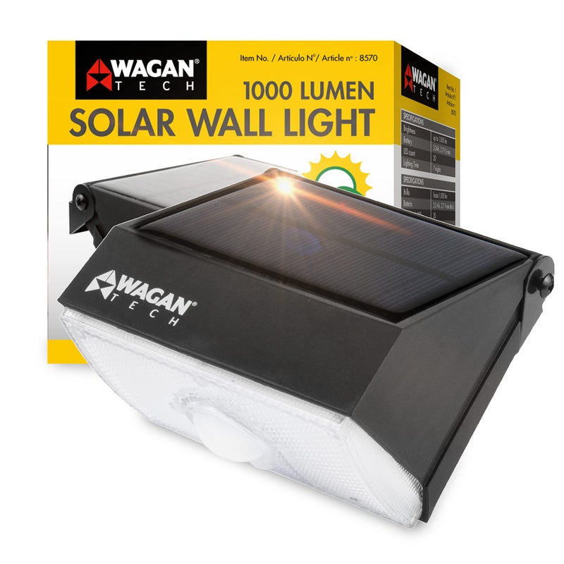 Wagan EL8570 1000 Lumens Outdoor LED Solar Wall Light Waterproof Motion Detected Light Black