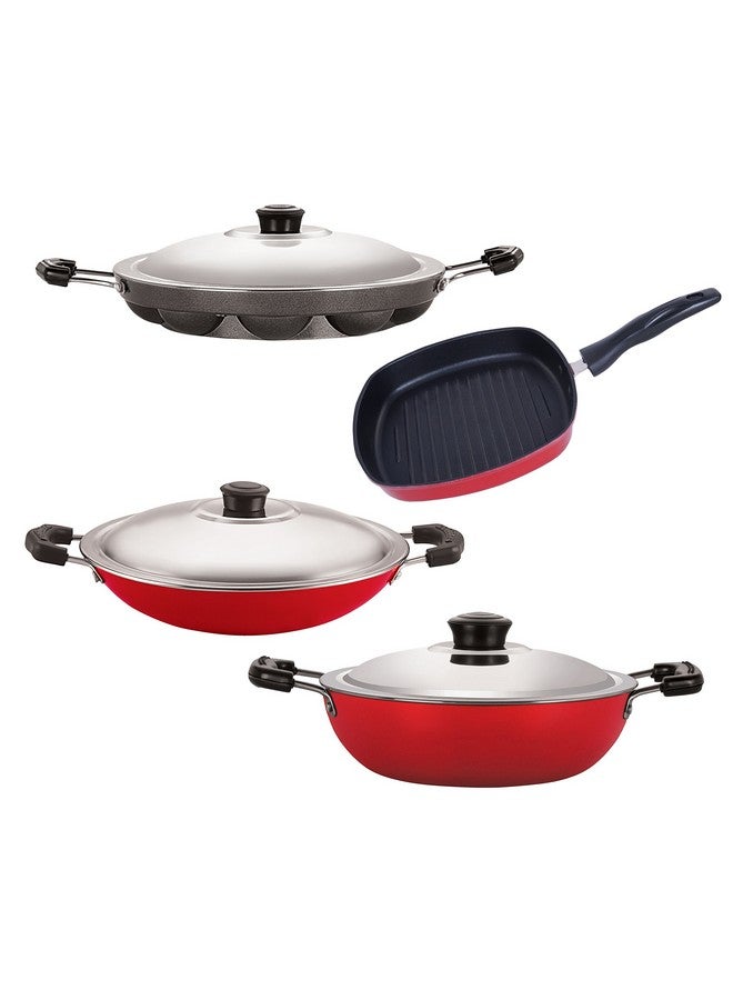 Nirlon Non-Stick Aluminum Cookware Set, 4-Piece, Red and Black (DKDB_AP12_AC_GP22.5)
