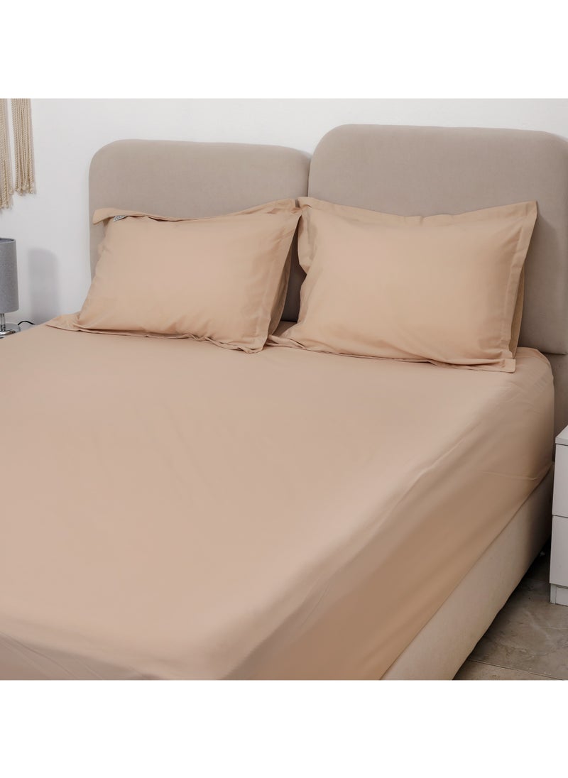 BedNHome Fitted Bed Sheet Set, 100% Egyptian Cotton, 250Tc,  Tan ,2Pillowcases. 160X200Cm  - Image 1