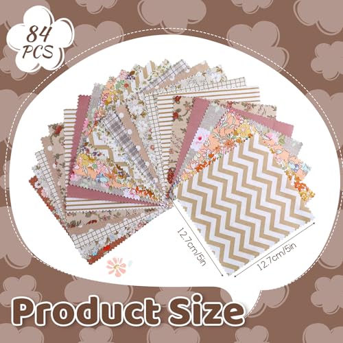Exclaith 84 Pcs 5 inch Vintage Rose Quilting Fabric Square Bundle, Precuts Charm Packs for Quilting, Khaki Printed Patchwork Material Supplies Retro Floral Print for Sewing, Patchwork, and DIY Crafts - Image 2