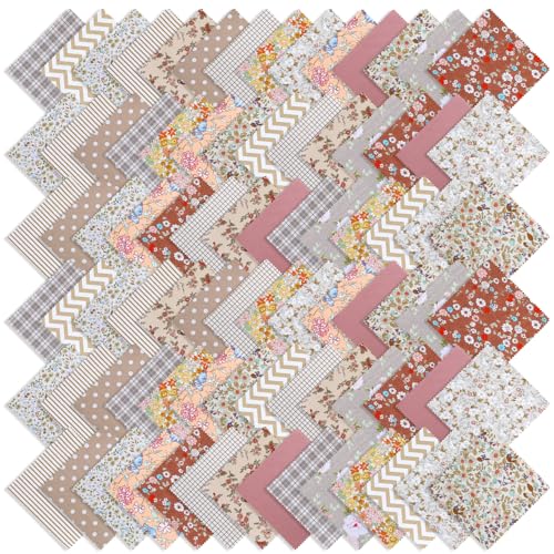 Exclaith 84 Pcs 5 inch Vintage Rose Quilting Fabric Square Bundle, Precuts Charm Packs for Quilting, Khaki Printed Patchwork Material Supplies Retro Floral Print for Sewing, Patchwork, and DIY Crafts - Image 1