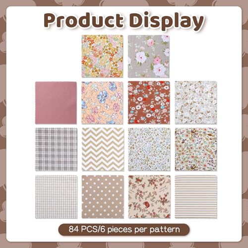 Exclaith 84 Pcs 5 inch Vintage Rose Quilting Fabric Square Bundle, Precuts Charm Packs for Quilting, Khaki Printed Patchwork Material Supplies Retro Floral Print for Sewing, Patchwork, and DIY Crafts - Image 4