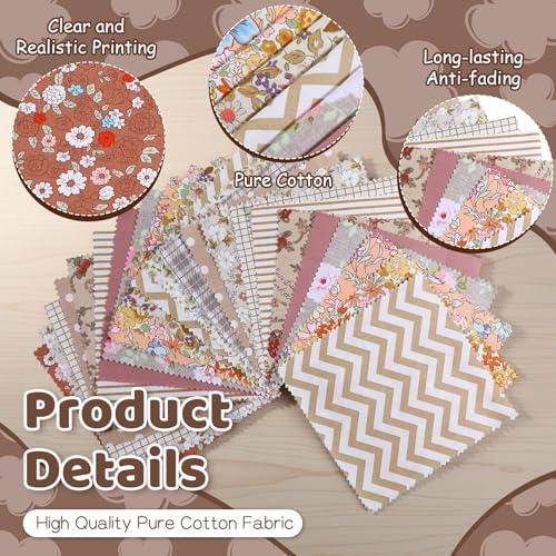 Exclaith 84 Pcs 5 inch Vintage Rose Quilting Fabric Square Bundle, Precuts Charm Packs for Quilting, Khaki Printed Patchwork Material Supplies Retro Floral Print for Sewing, Patchwork, and DIY Crafts - Image 3