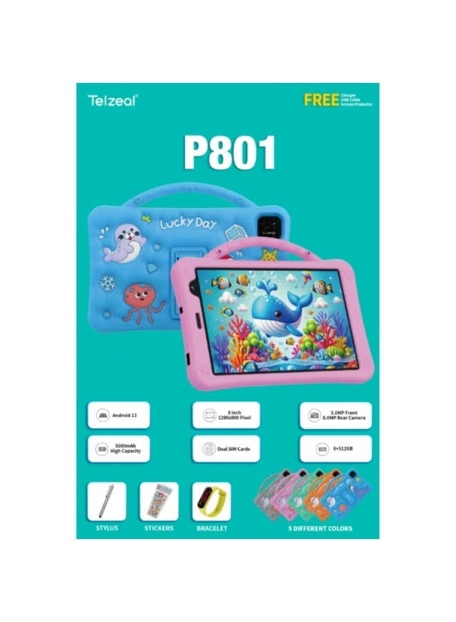 Telzeal P801 Kids Tablet 8-Inch Android 13 with 8GB RAM 512GB Storage, Dual SIM, Dual Camera, 5000mAh Battery | Educational Tablet for Kids with Stylus & Protective Case – Blue/Green - Image 2