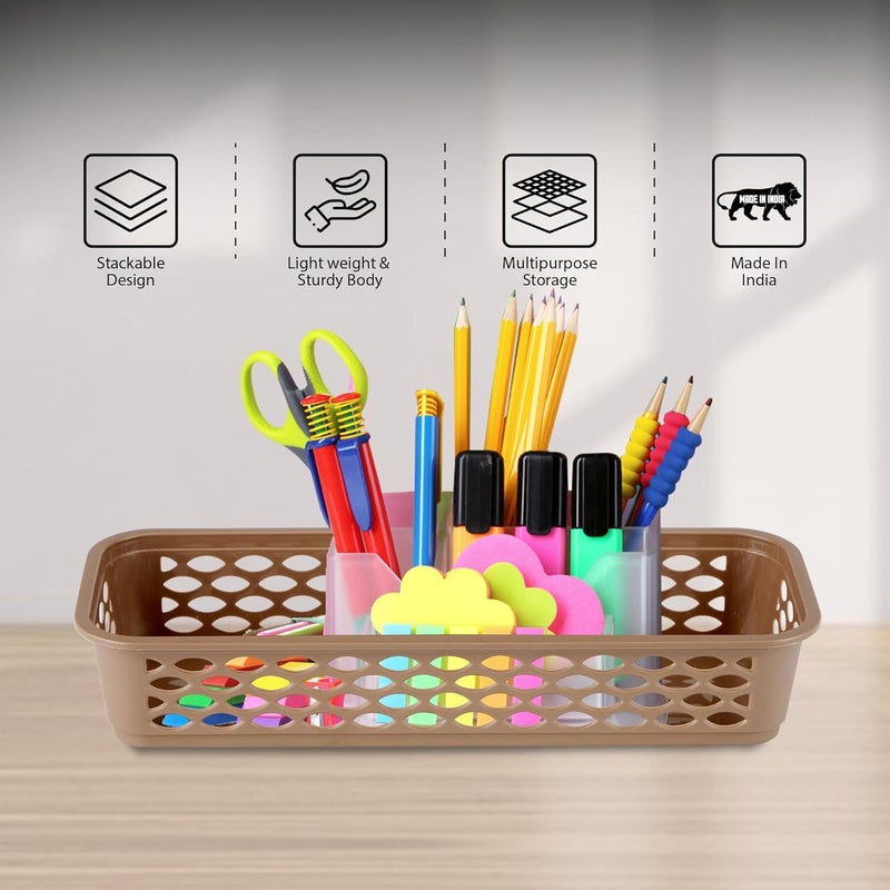 RATAN PLASTICWARE Diana Tray Rectangular-Narrow (Pack of 6) Plastic Storage for Desk Basket/Organizers for Stationery, Jewellery, Tools,Kitchen, Office-Lt Brown - Image 2