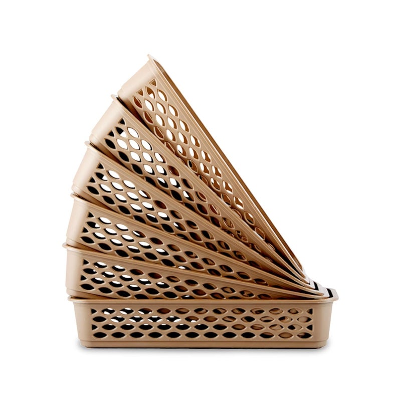RATAN PLASTICWARE Diana Tray Rectangular-Narrow (Pack of 6) Plastic Storage for Desk Basket/Organizers for Stationery, Jewellery, Tools,Kitchen, Office-Lt Brown - Image 1