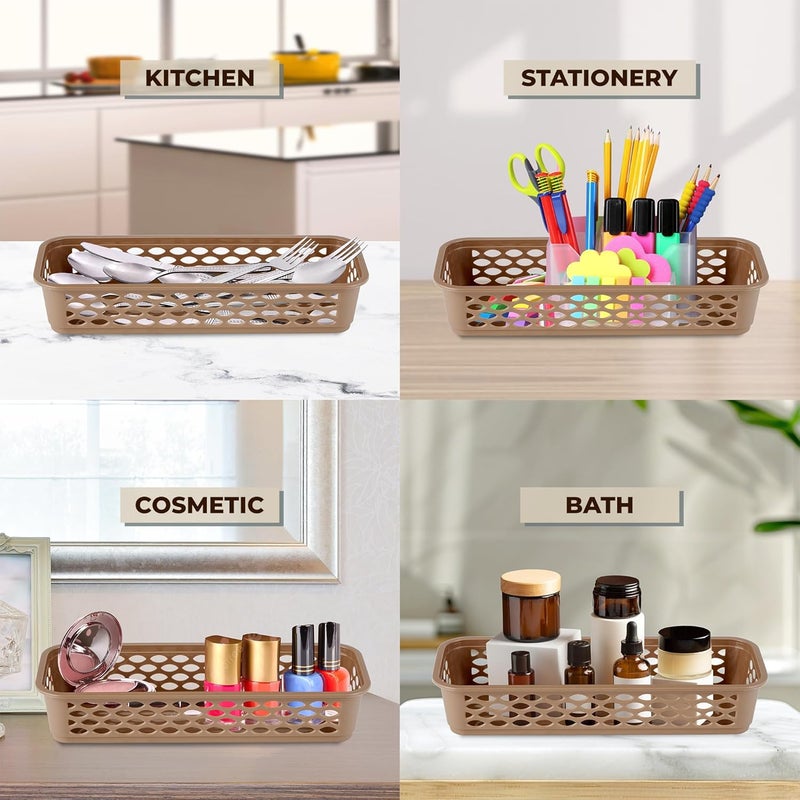 RATAN PLASTICWARE Diana Tray Rectangular-Narrow (Pack of 6) Plastic Storage for Desk Basket/Organizers for Stationery, Jewellery, Tools,Kitchen, Office-Lt Brown - Image 4