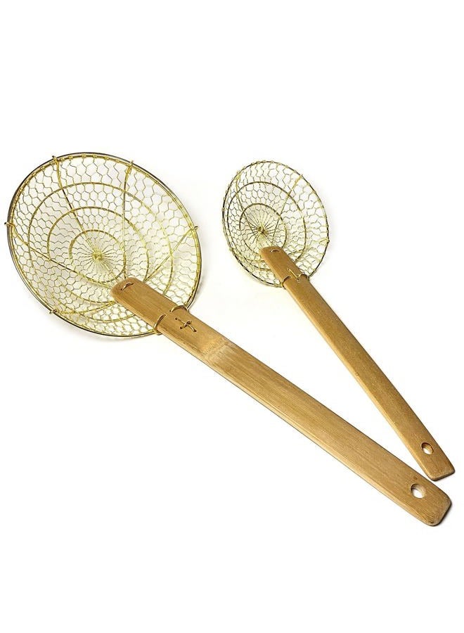 SUNRISE 5" & 7" Set Round Brass Spider Strainer Sets with Bamboo Handles - Image 1