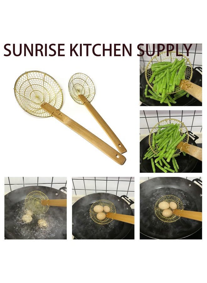 SUNRISE 5" & 7" Set Round Brass Spider Strainer Sets with Bamboo Handles - Image 3