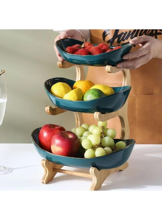وعاء فواكه من 3 طبقات لطاولة المطبخ - سلة فواكه سيراميك مع حامل خيزران، حامل فواكه أخضر الطبقات لسطح المطبخ، حامل فواكه لتخزين الخضروات والفاكهة - Image 5