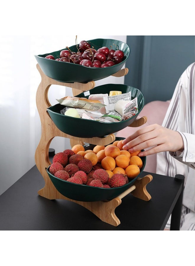 وعاء فواكه من 3 طبقات لطاولة المطبخ - سلة فواكه سيراميك مع حامل خيزران، حامل فواكه أخضر الطبقات لسطح المطبخ، حامل فواكه لتخزين الخضروات والفاكهة - Image 2