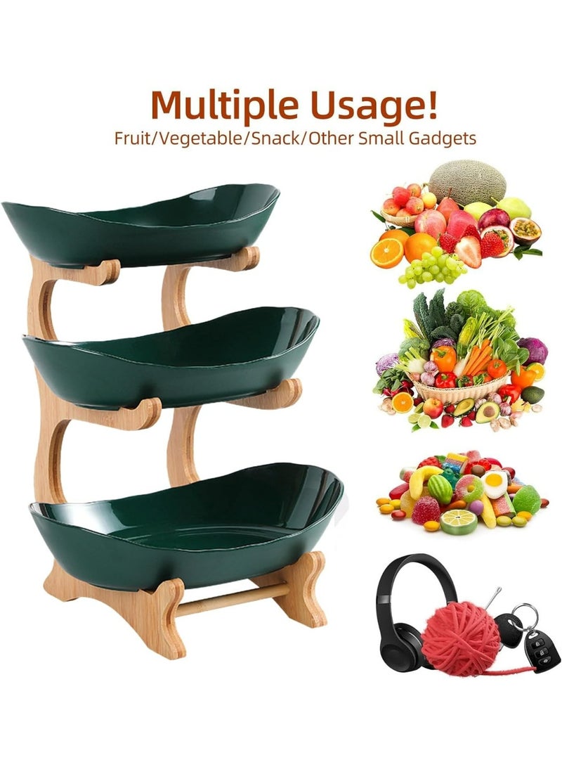 وعاء فواكه من 3 طبقات لطاولة المطبخ - سلة فواكه سيراميك مع حامل خيزران، حامل فواكه أخضر الطبقات لسطح المطبخ، حامل فواكه لتخزين الخضروات والفاكهة - Image 4