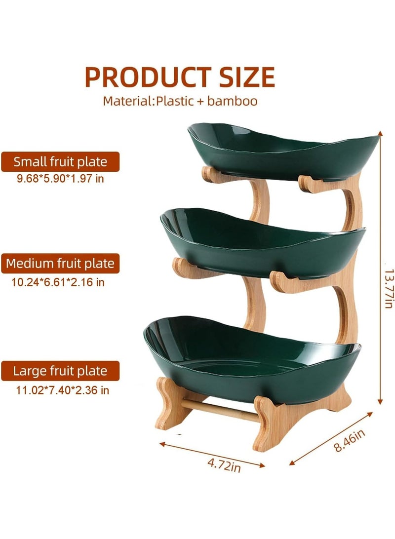وعاء فواكه من 3 طبقات لطاولة المطبخ - سلة فواكه سيراميك مع حامل خيزران، حامل فواكه أخضر الطبقات لسطح المطبخ، حامل فواكه لتخزين الخضروات والفاكهة - Image 3