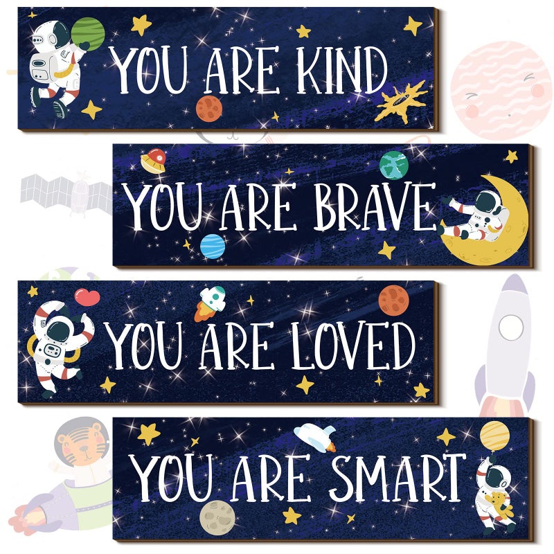 Yookeer 4 Pcs Space Room Decor for Kids Boys Outer Space Wall Art Bedroom Decor for Nursery Classroom Astronaut Galaxy Posters Spaceman Wood Sign Be Brave and Be Kind for Baby BoyYou