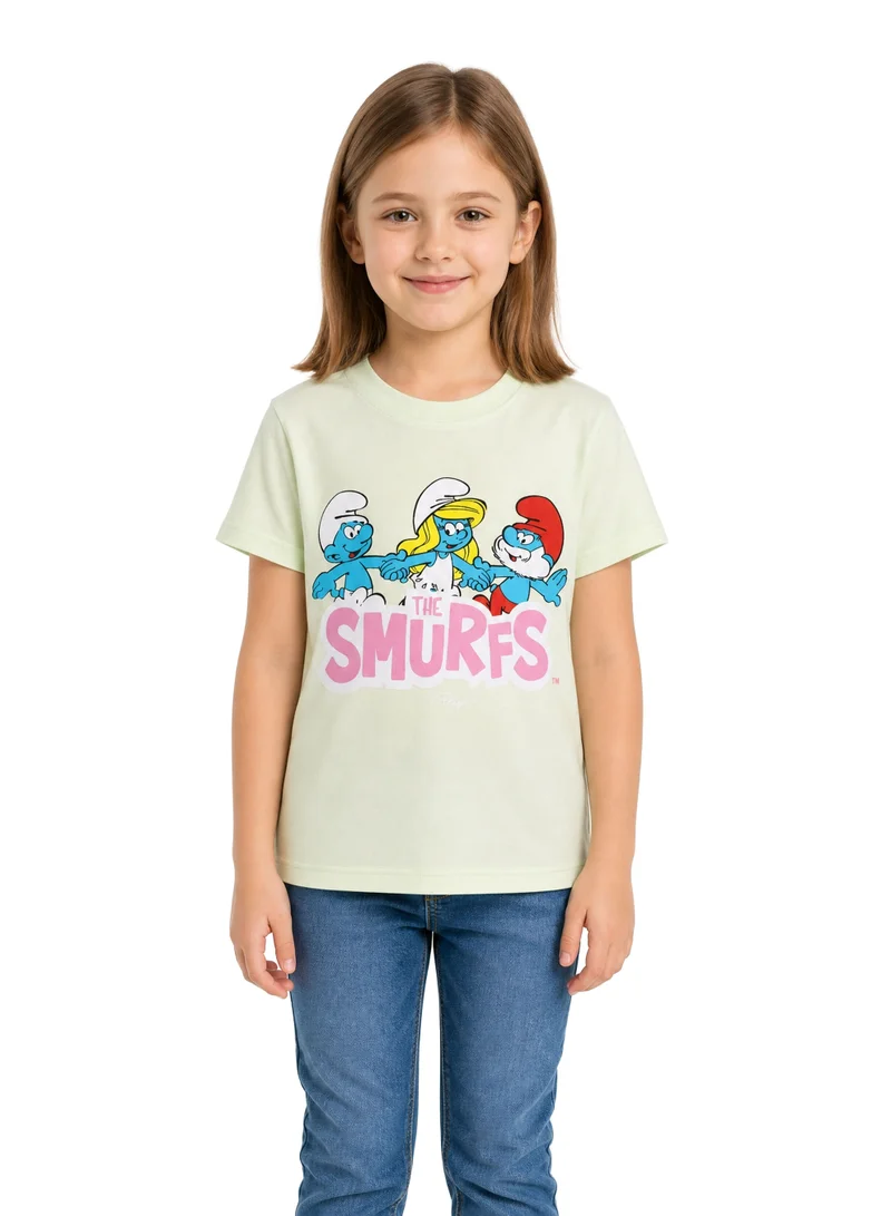 Trucare The Smurfs Family Character Graphic T-Shirt for Girls | Logo Print Casual Crew Neck Tee