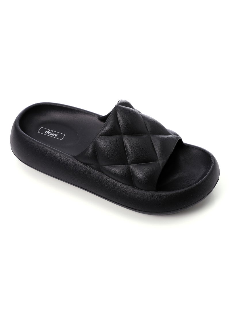 DejaVu Quilted Slip On Black Rubber Sliding Cloud Slippers  - Image 1