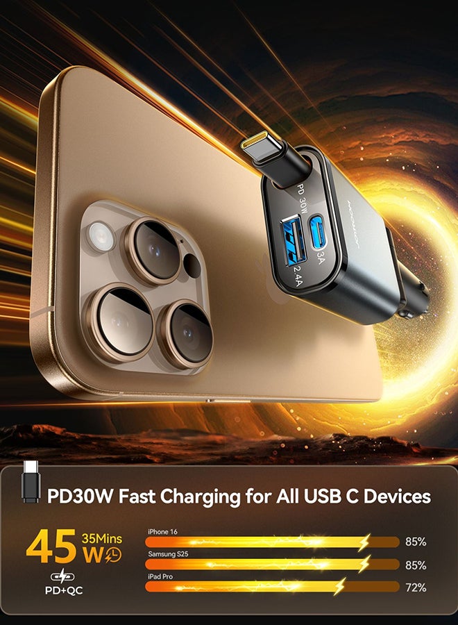 JOYROOM 3-in-1 Retractable Fast Car Charger, 45W Fast Charging (Upgraded 2025) With Long USB-C Cable, Dual Ports PD3.0/PPS,(Fast Charge 85% in 35mins only) 180° Adjustable Head For Tight Places, Ultra-Slim Compact Design, Overheat And Short Circuit Protection – For iPhone 16/15 and below, Samsung 25/24 and below, Huawei, Xiaomi And More - Certified and Safe Dark Grey - Image 2
