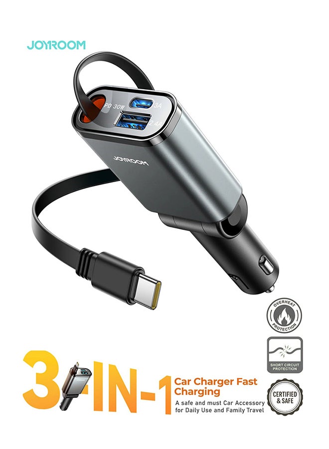 JOYROOM 3-in-1 Retractable Fast Car Charger, 45W Fast Charging (Upgraded 2025) With Long USB-C Cable, Dual Ports PD3.0/PPS,(Fast Charge 85% in 35mins only) 180° Adjustable Head For Tight Places, Ultra-Slim Compact Design, Overheat And Short Circuit Protection – For iPhone 16/15 and below, Samsung 25/24 and below, Huawei, Xiaomi And More - Certified and Safe Dark Grey - Image 1