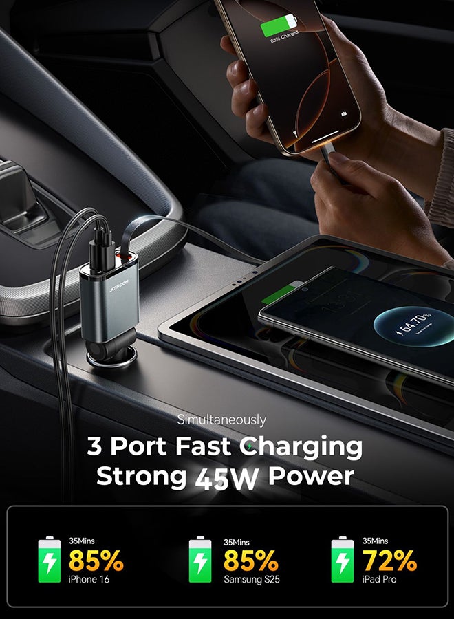 JOYROOM 3-in-1 Retractable Fast Car Charger, 45W Fast Charging (Upgraded 2025) With Long USB-C Cable, Dual Ports PD3.0/PPS,(Fast Charge 85% in 35mins only) 180° Adjustable Head For Tight Places, Ultra-Slim Compact Design, Overheat And Short Circuit Protection – For iPhone 16/15 and below, Samsung 25/24 and below, Huawei, Xiaomi And More - Certified and Safe Dark Grey - Image 4