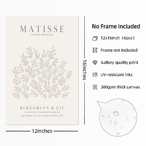 Youillne Henri Matisse Wall Art Prints Flower Abstract Canvas Pictures Aesthetic Beige Wall Art Decor Matisse Picasso Poster Gallery Vintage Painting Artwork for Bedroom 12x16 Inch Unframed Set of 6 - Image 3