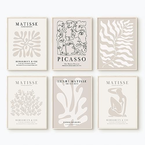 Youillne Henri Matisse Wall Art Prints Flower Abstract Canvas Pictures Aesthetic Beige Wall Art Decor Matisse Picasso Poster Gallery Vintage Painting Artwork for Bedroom 12x16 Inch Unframed Set of 6 - Image 1