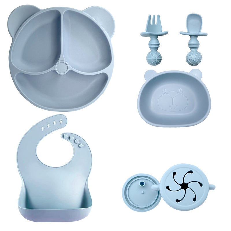 Silicone Baby Dining Set Soft Bib Bowl Spoon7 pieces of gray blue-bear plate bear head bowl 2 in 1 cup bib short fork spoon 7 pieces of gray blue-bear plate bear head bowl 2 in 1 cup bib short fork spoon