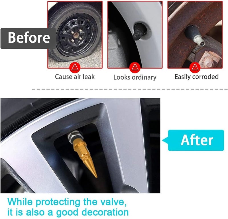 Car Wheel Tire Valve Caps, 4 Pack Spiked Aluminum Valve Stem Caps, Attractive Dustproof Car Accessories, Universal for Most Vehicles (Gold, 45MM) - Image 2