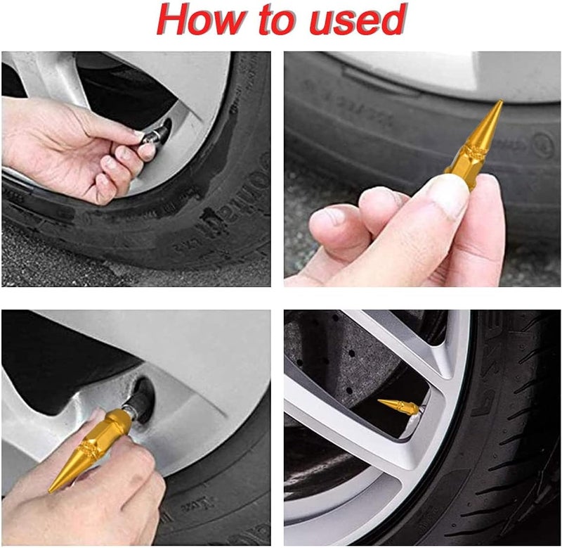 Car Wheel Tire Valve Caps, 4 Pack Spiked Aluminum Valve Stem Caps, Attractive Dustproof Car Accessories, Universal for Most Vehicles (Gold, 45MM) - Image 4