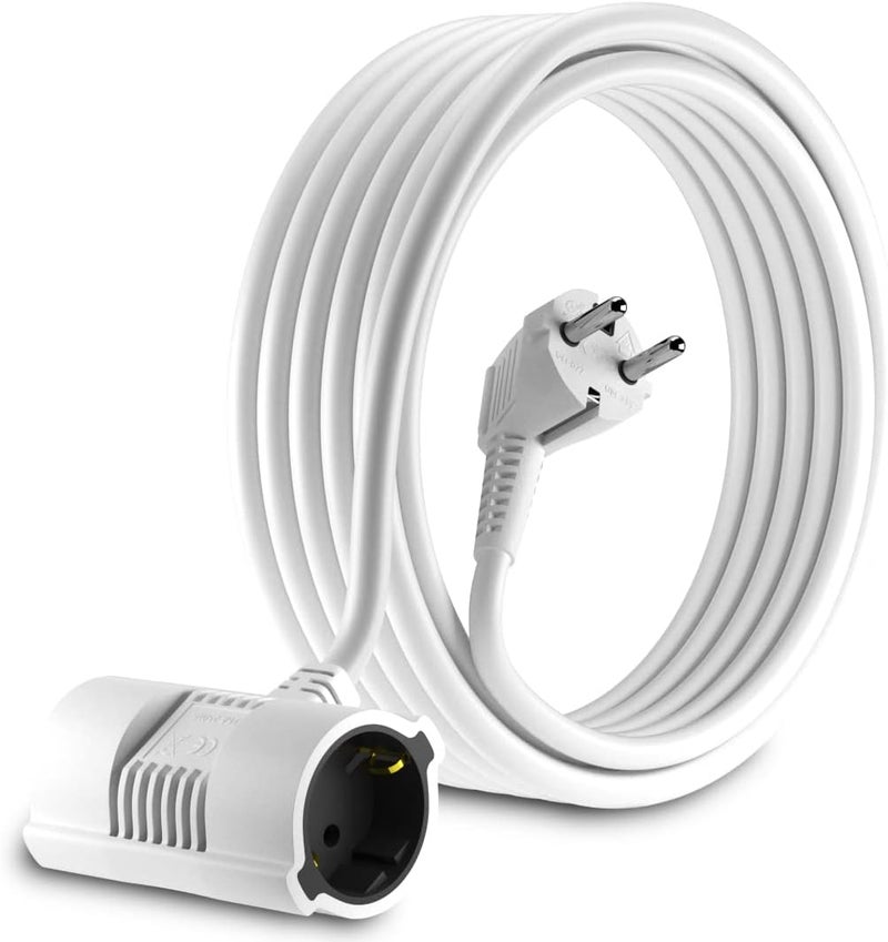 MutecPower 7.5 m Schuko extension cord with 2-way sockets IP20-90° curved EU Schuko cable with grounded plug and 2x grounded couplings - up to 250V 50Hz 16A - 7.5 m white - Image 1
