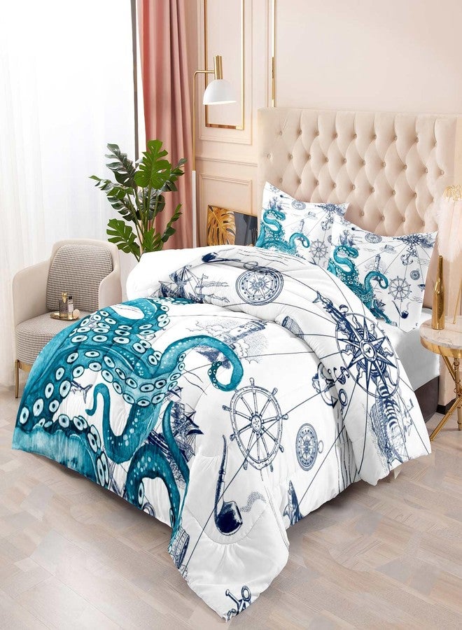 LUVIVIHOME طقم لحاف بحري من LUVIVIHOME مكون من 3 قطع، مقاس كوين، بتصميم أخطبوط أزرق، ديكور غرفة نوم للأولاد بتصميم كراكن بحري مرح، منارة، قارب شراعي، بوصلة، دفة، ومرساة، لحاف أبيض، وغطاءا وسادة - Image 4