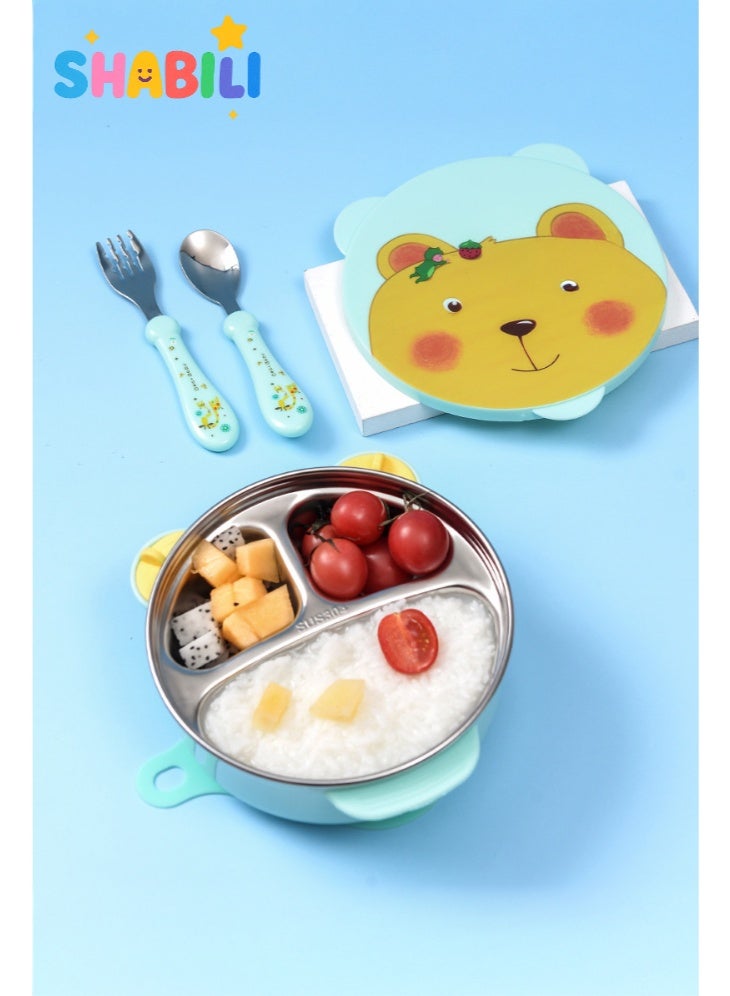 شبيلي طبق شفط للأطفال من الفولاذ المقاوم للصدأ 304 مع فواصل، عزل مائي للحفاظ على الدفء وقاعدة سيليكون قابلة للإزالة لسهولة التنظيف ومنع الانسكاب، للتغذية بدون فوضى في المنزل أو الكرسي العالي، مناسب للأطفال من عمر 12 شهرًا فأكثر (أخضر) - Image 1